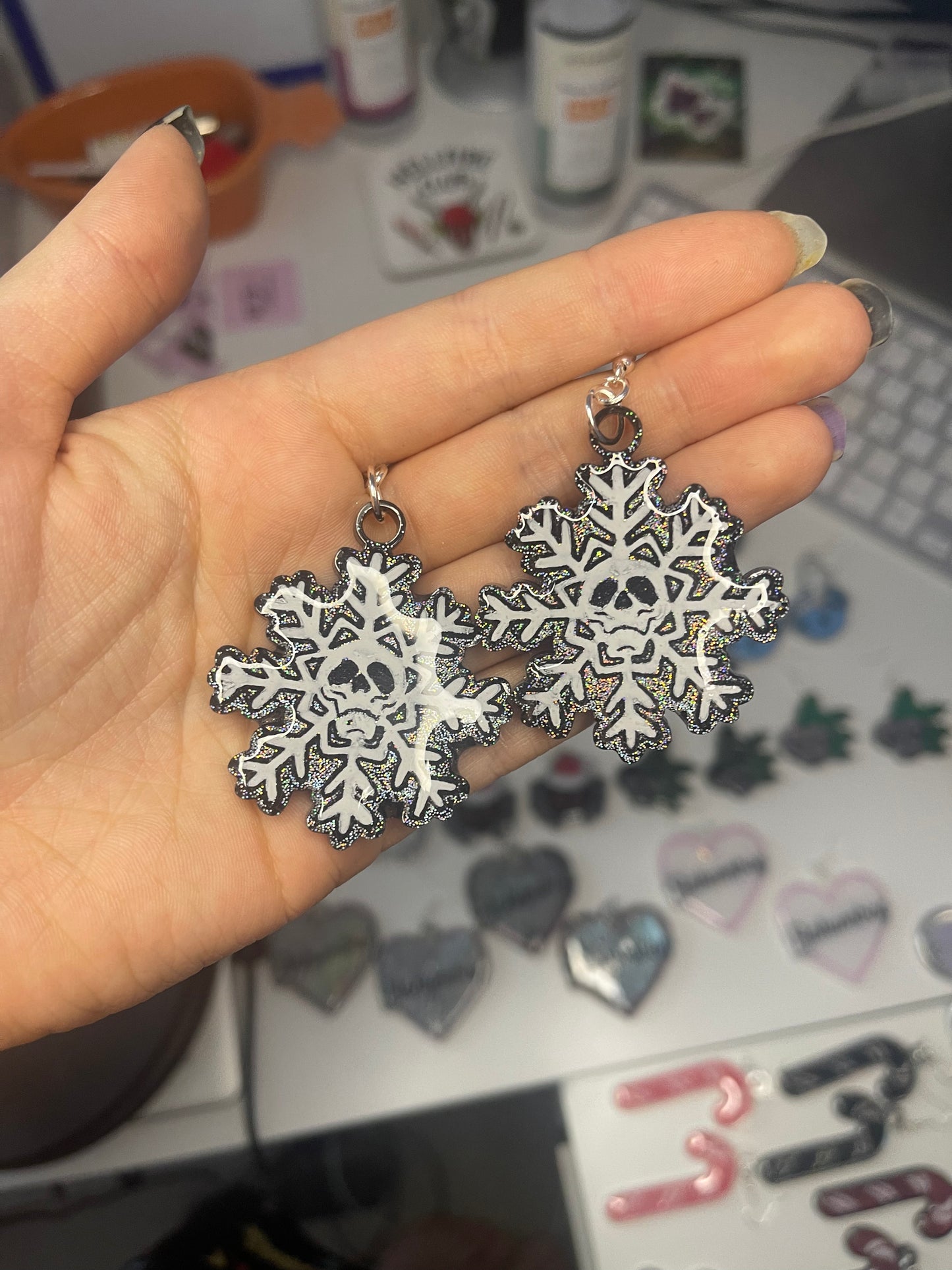 Holographic White Skull Snowflake Earrings