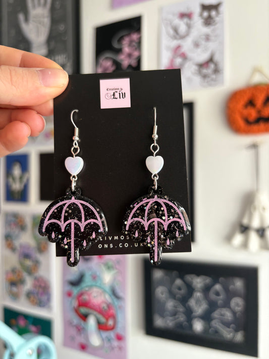 Black & Pink Rainy Umbrella Earrings