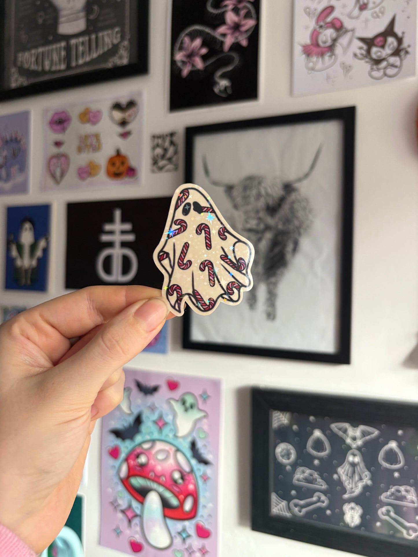 Red & Pink Candy Cane Ghost Holographic Sticker