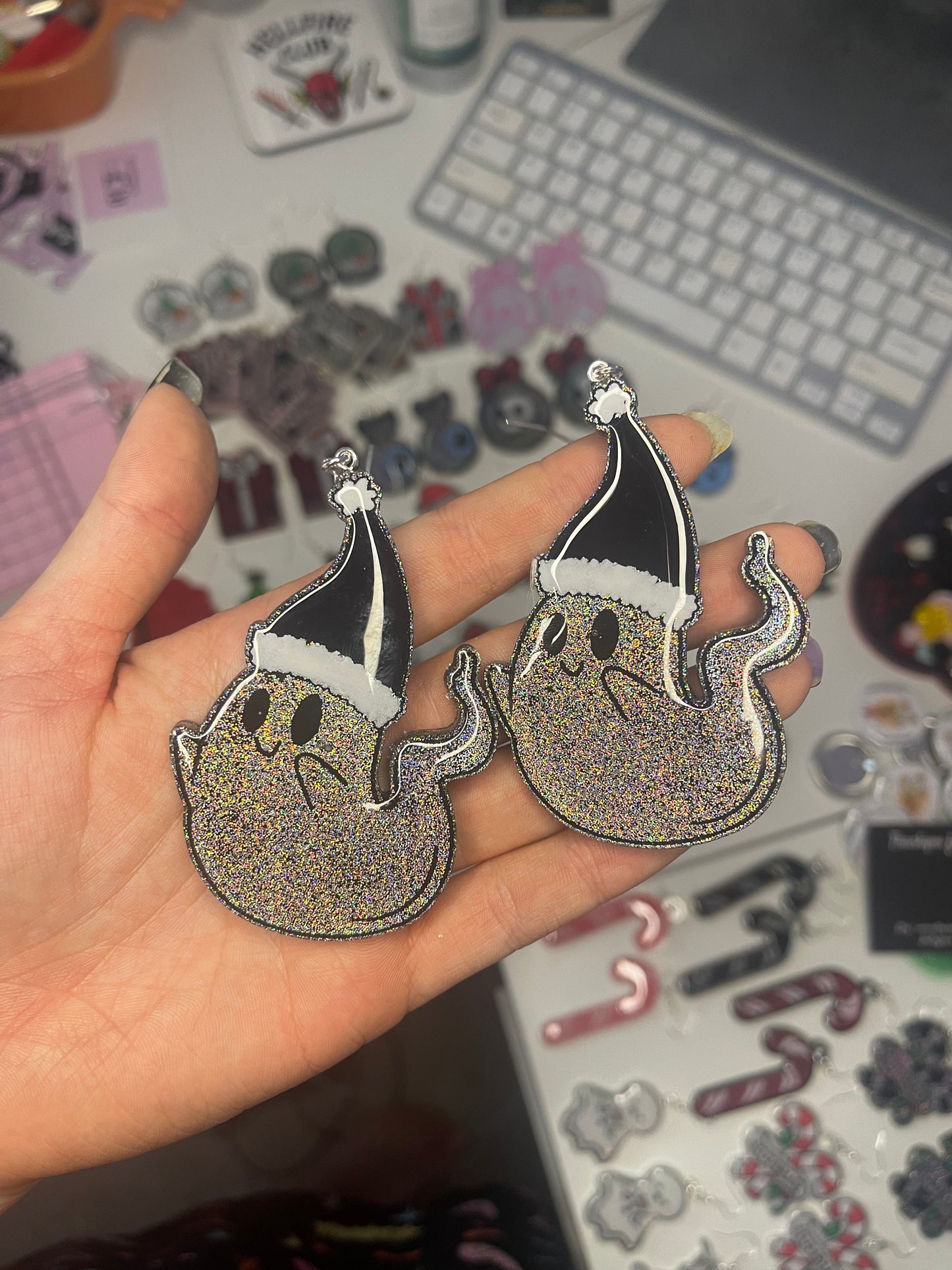 Goth Holographic Christmas Ghost Earrings