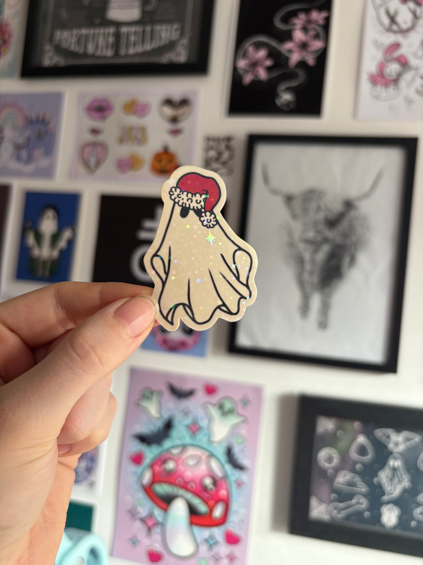 Red Santa Hat Ghost Holographic Sticker
