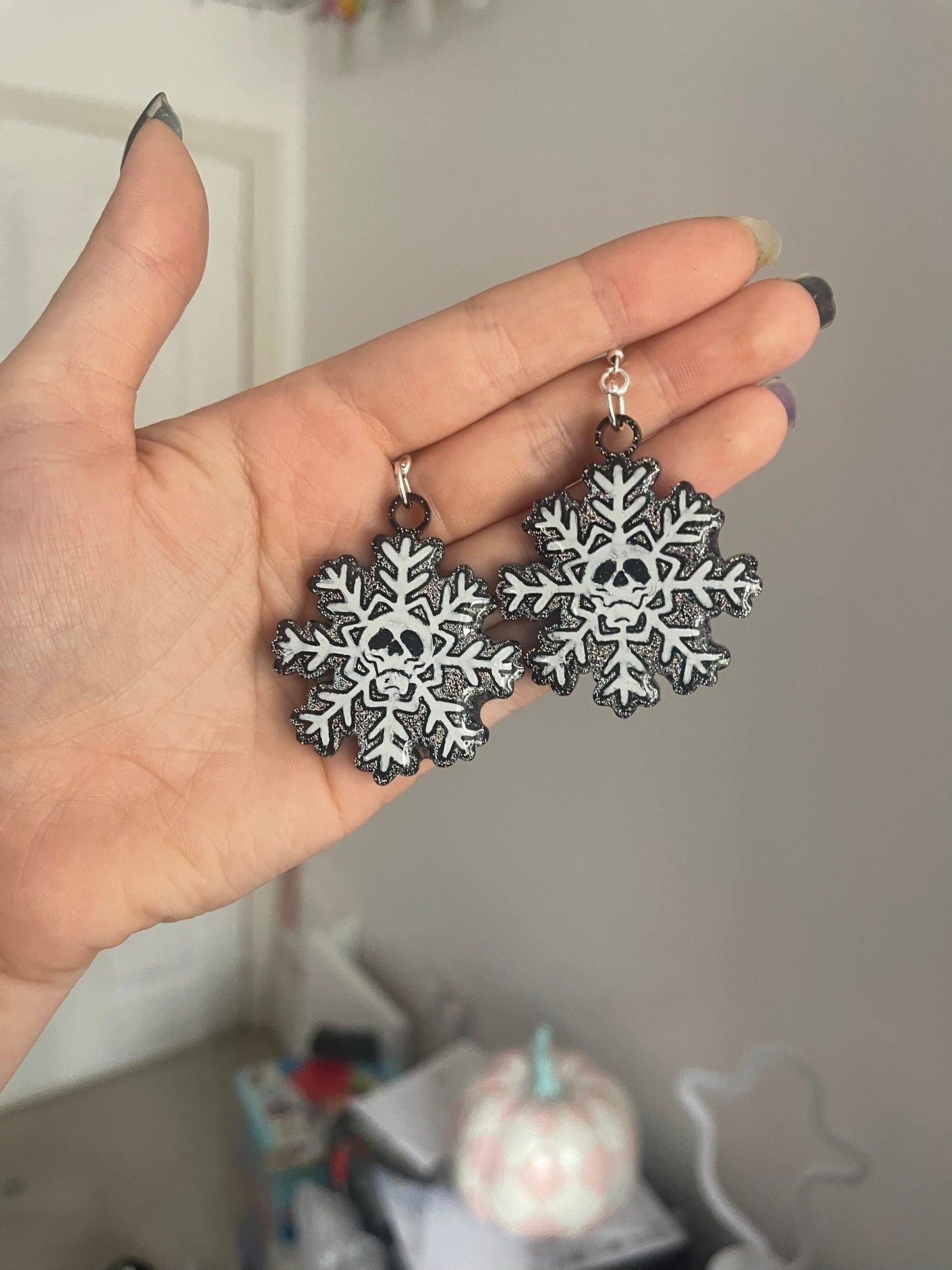 Holographic White Skull Snowflake Earrings