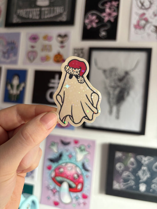 Red Santa Hat Ghost Holographic Sticker