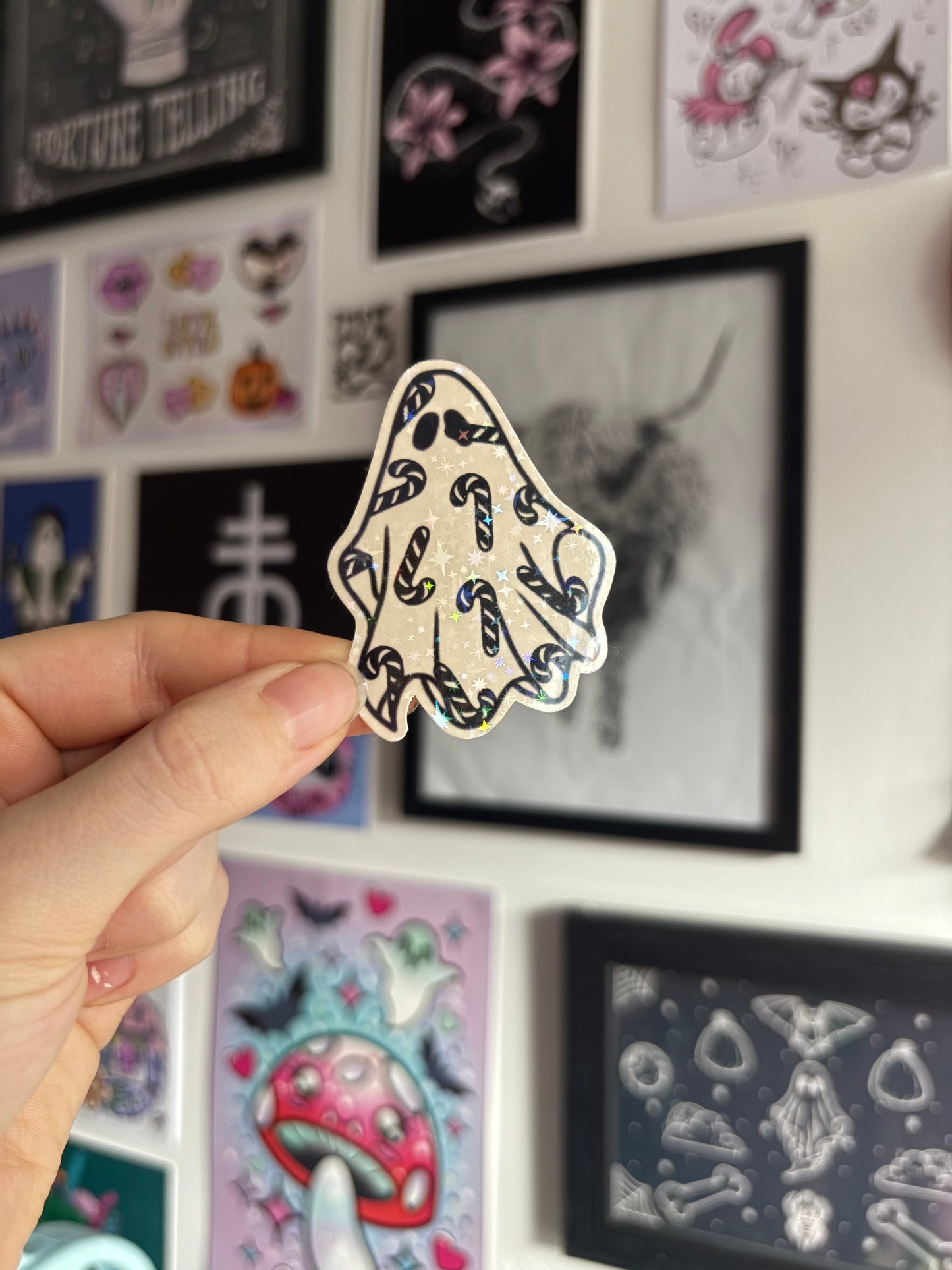 Black & White Candy Cane Ghost Holographic Sticker