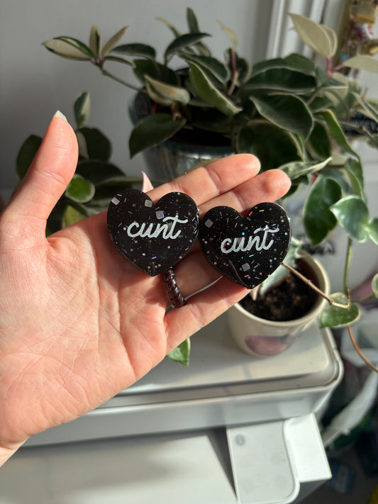 C*nt Hearts Black Glitter Earrings