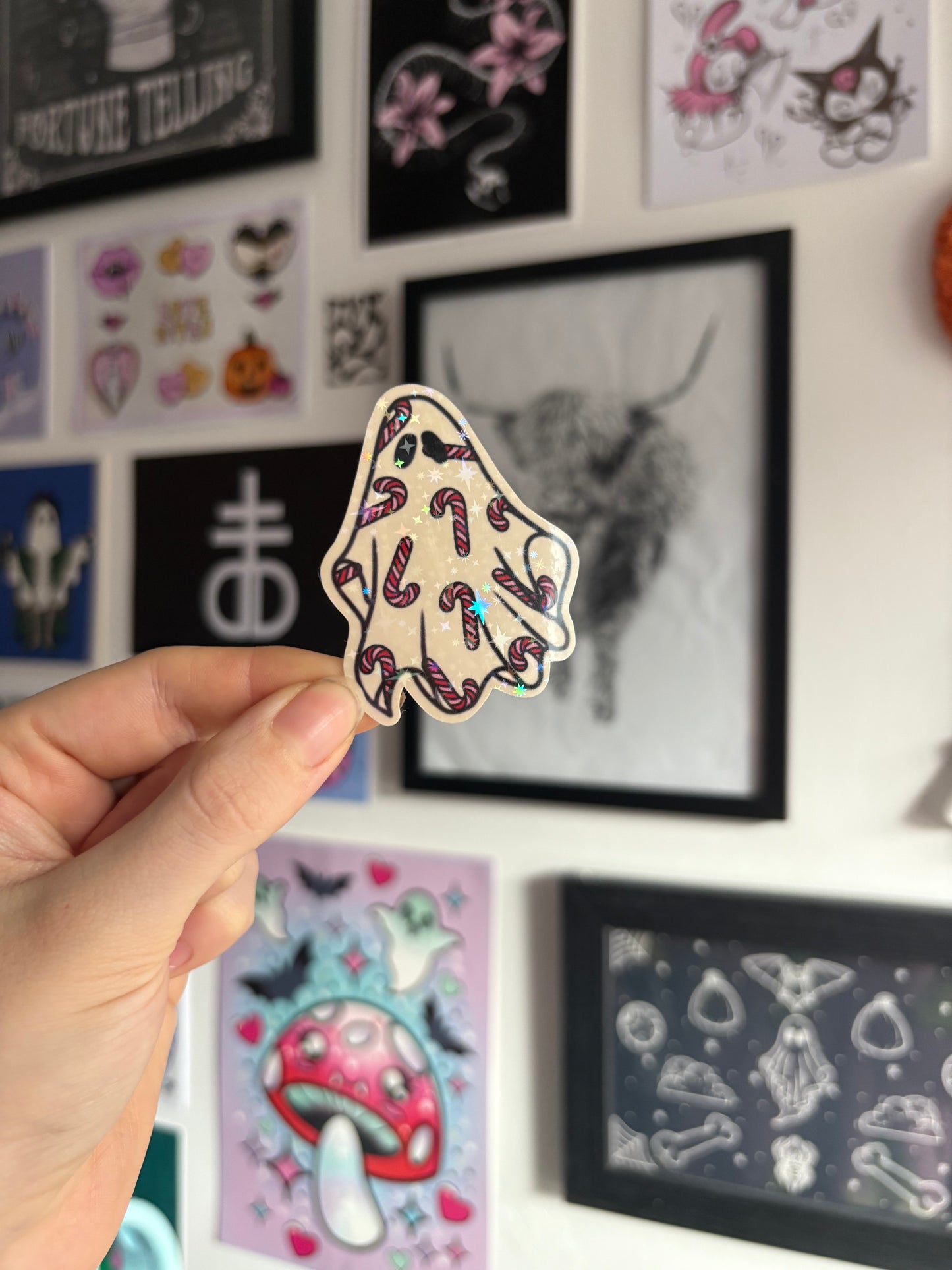 Red & Pink Candy Cane Ghost Holographic Sticker