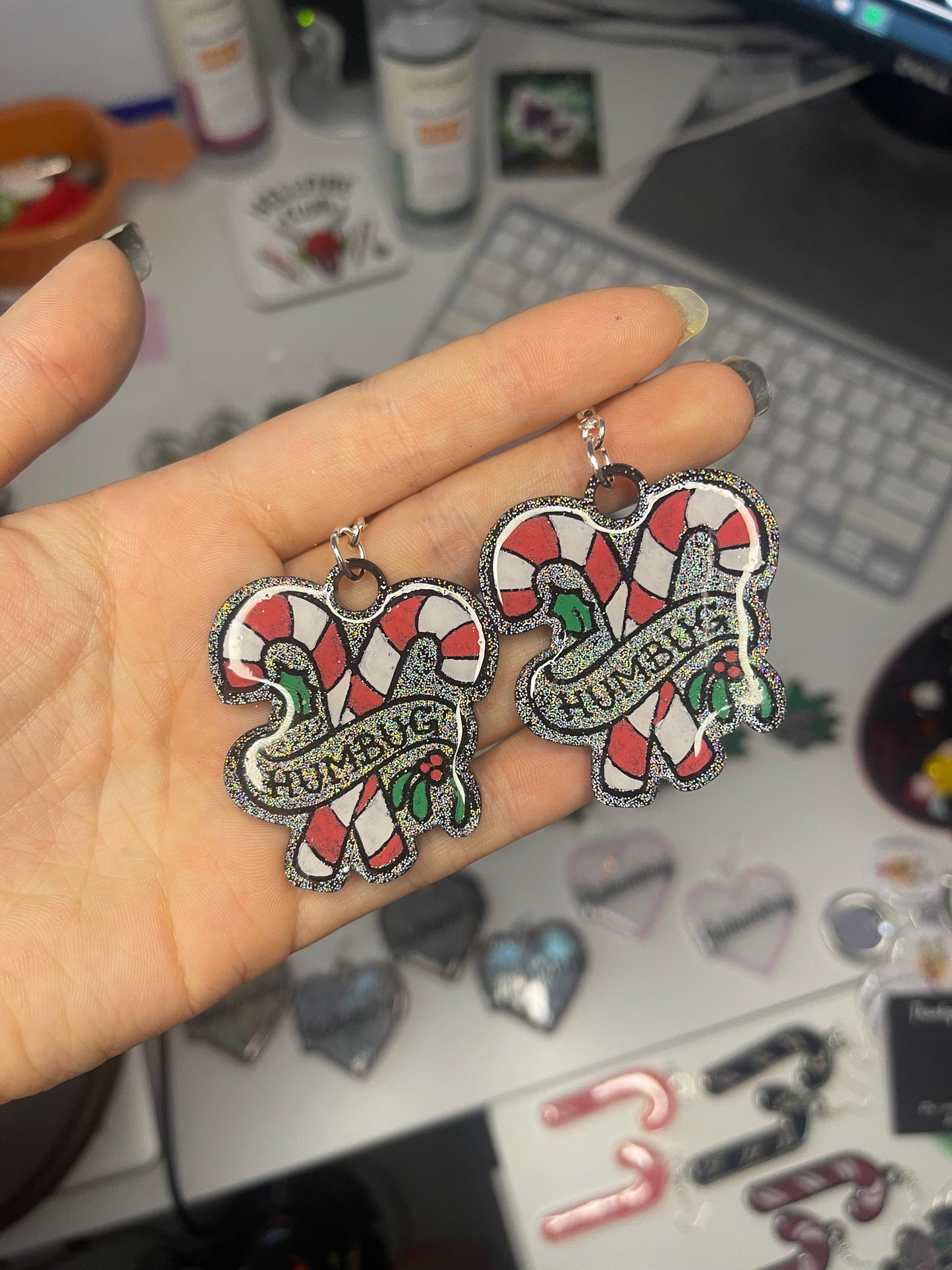 Holographic Humbug Candy Cane Earrings