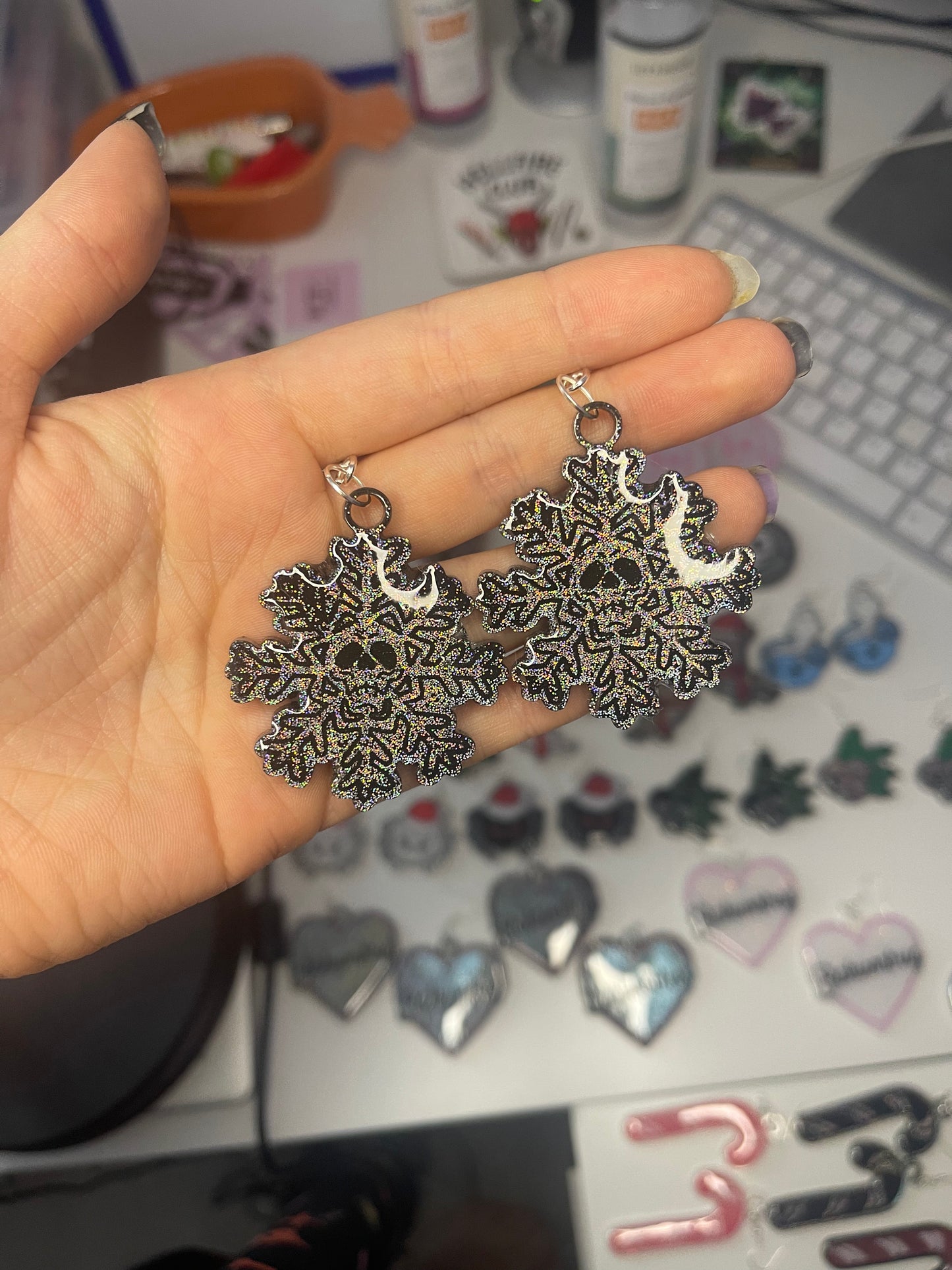 Holographic Skull Snowflake Earrings