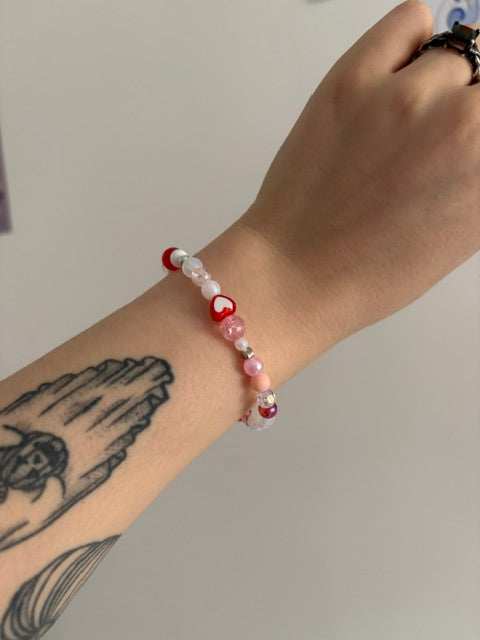 Red, White & Pink Hearts Beaded Bracelet