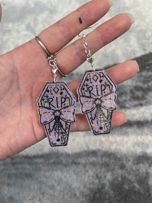 Pink Glitter RIP Bow Coffin Earrings