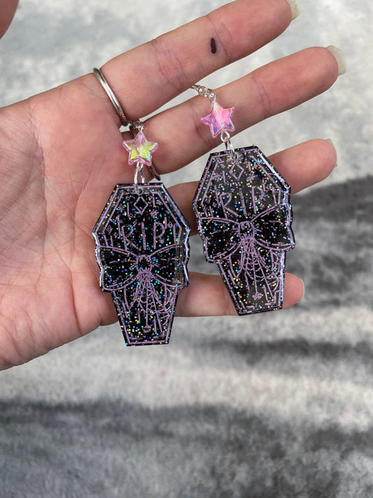 Black & Pink Glitter Pastel Goth RIP Bow Coffin Earrings