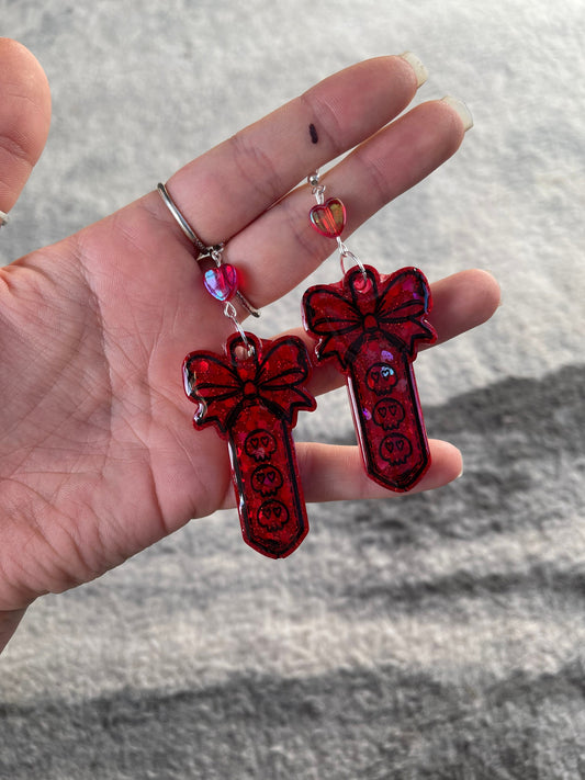 Red Glitter Skull Paddle Earrings