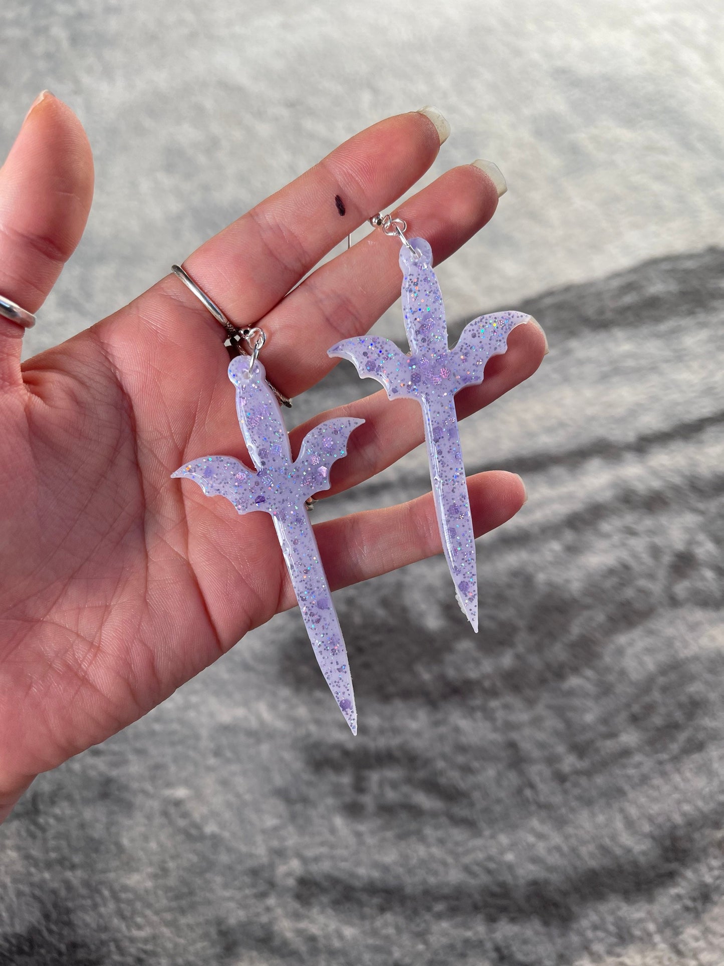 Lilac Glitter Pastel Goth Bat Dagger Earrings