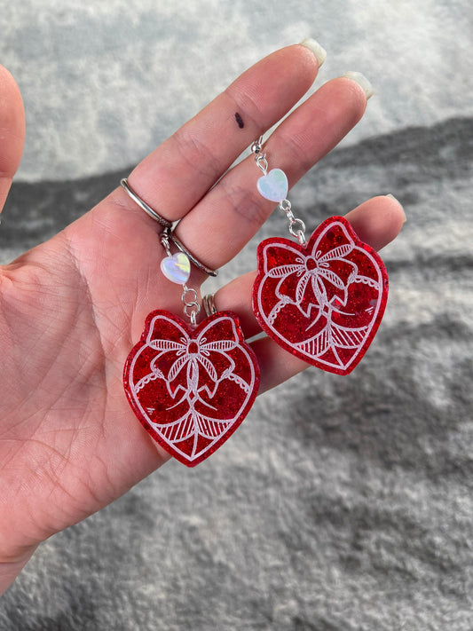 Red & White Glitter Bow Booty Earrings