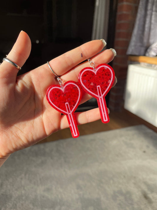 Red & Pink Glitter Heart Pops Earrings