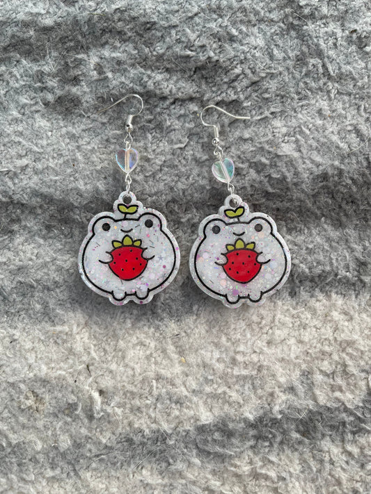 White Glitter Strawberry Frog Earrings