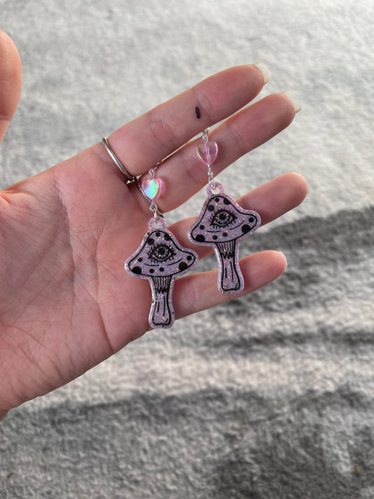 Pink Glitter Pastel Goth Eye Mushroom Earrings