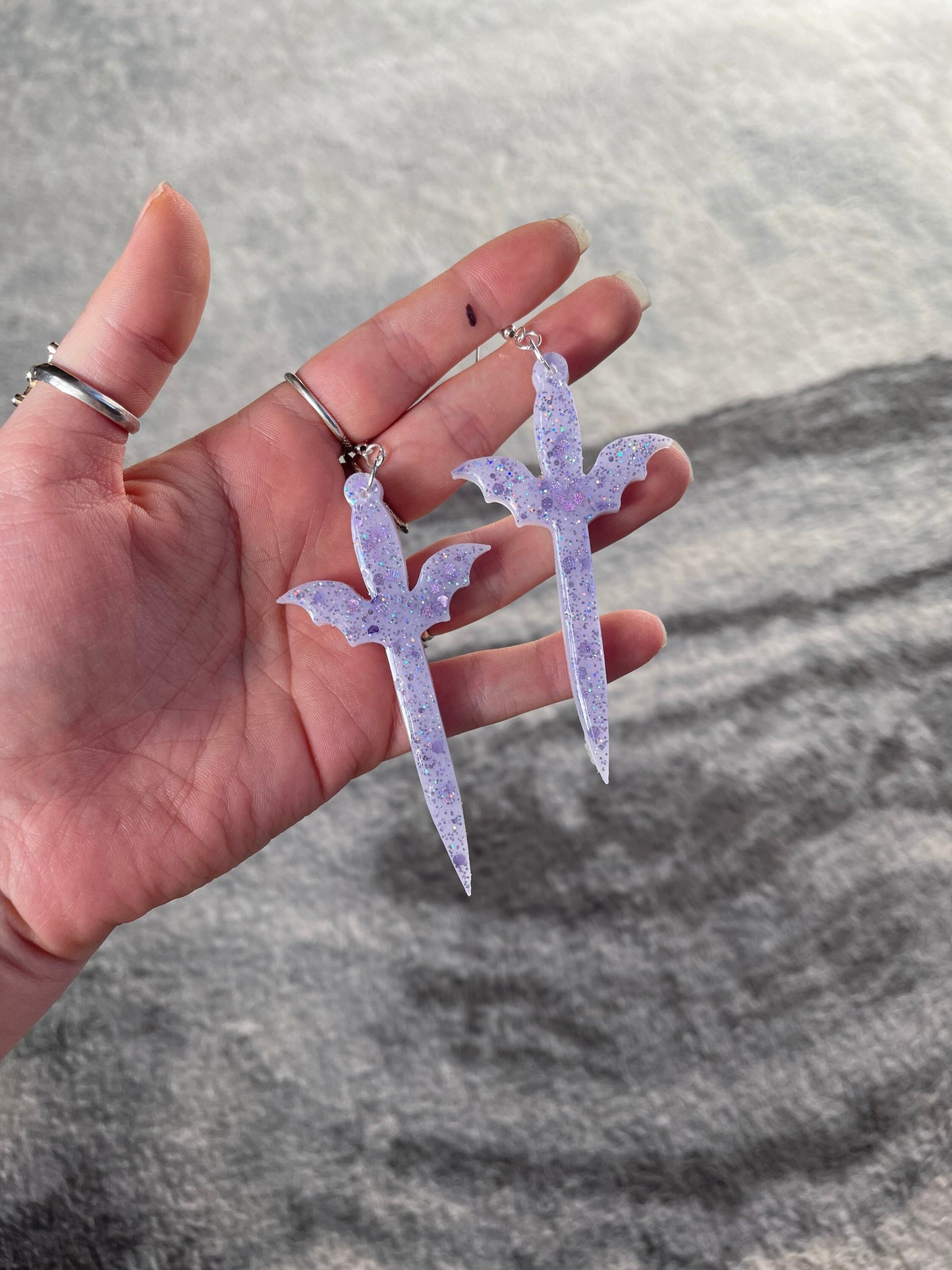 Lilac Glitter Pastel Goth Bat Dagger Earrings