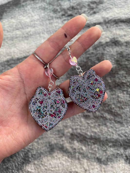 Black & Pink Hearts Glitter Pastel Goth Bow Booty Earrings