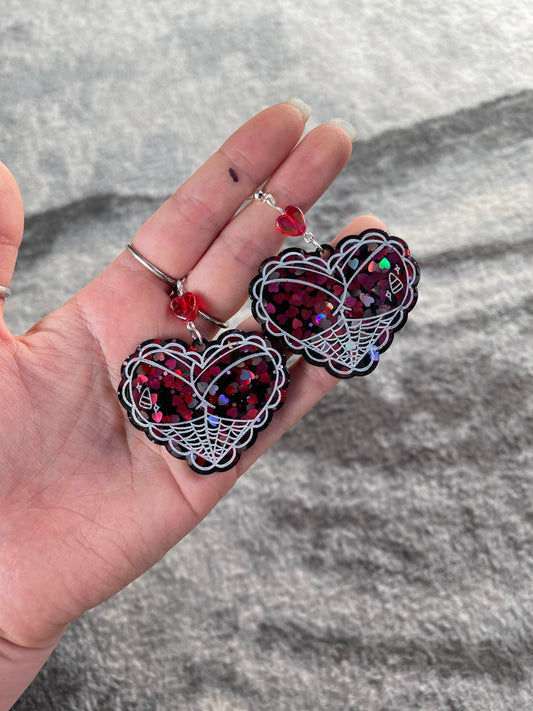 Black & Pink Hearts Glitter Spooky Booty Earrings