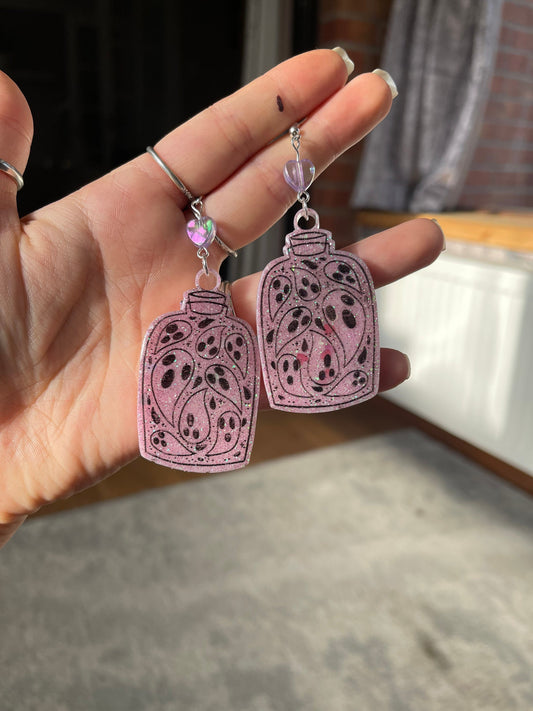 Pink Glitter Ghost Jars Pastel Goth Earrings