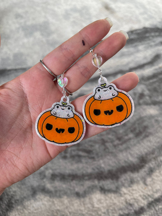 White Glitter Pumpkin Frog Earrings