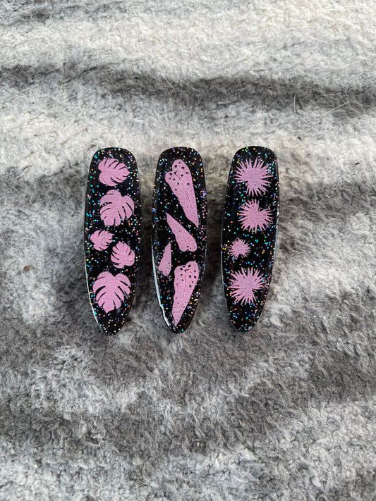 Black & Pink Glitter Pastel Goth Botanical Plant Barrette Clips