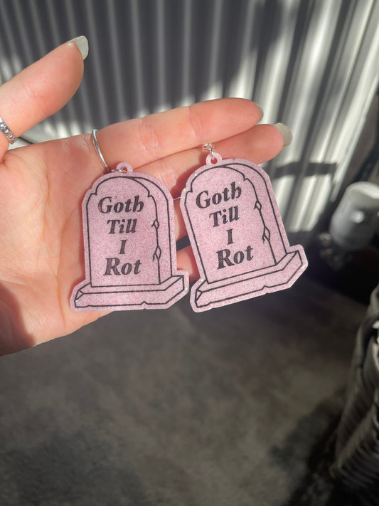 Pink and Black Goth Til I Rot Tombstone Earrings