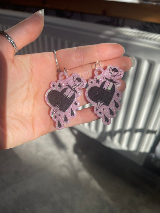 Pink and Black Dagger Hearts Earrings