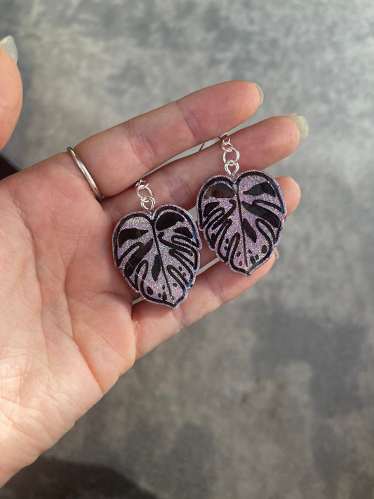 Pink Holographic Monstera Cheese Plant Leaf Earrings