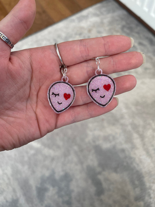 Pink Glitter Heart Eye Alien Pastel Goth Earrings