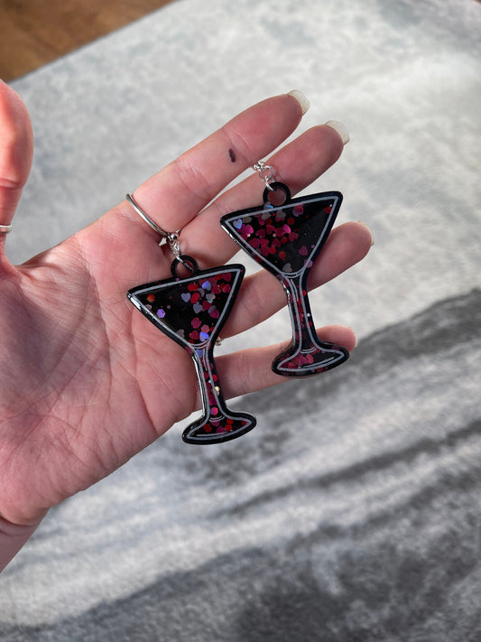 Black Hearts Glitter Cocktail Glass Earrings