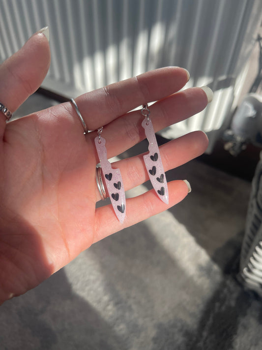 Small Pink and Black Hearts Knives Earrings