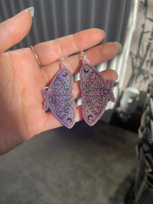 Pink and Black Holographic Death Moth Earrings