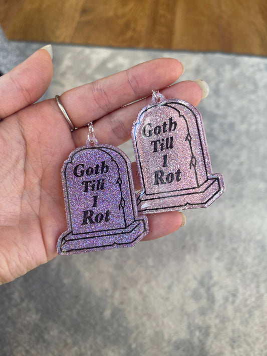 Pink and Black Holographic Goth Til I Rot Tombstone Earrings