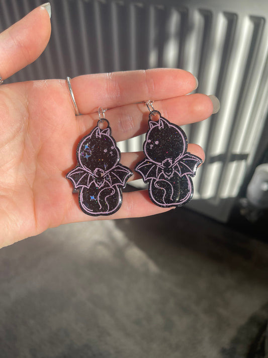 Black and Pink Bat Cats Earrings