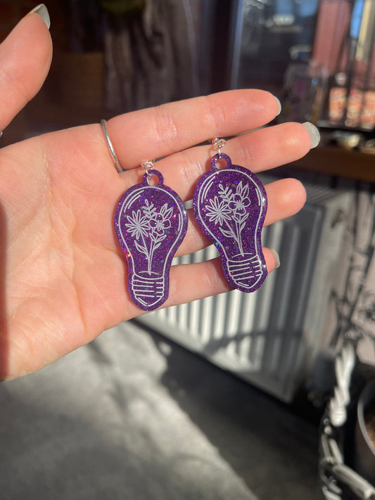 Purple Glitter Floral Lightbulbs Earrings