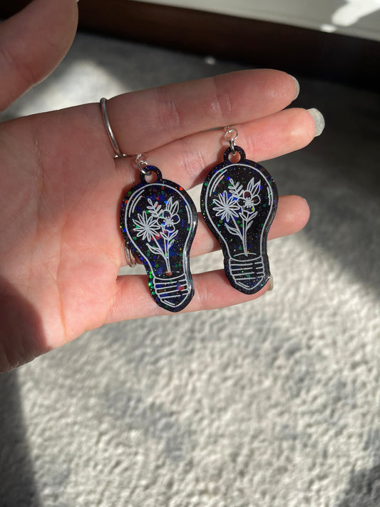 Black Glitter Floral Lightbulb Earrings