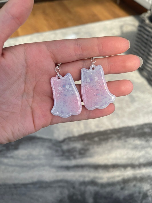 Pink and Lilac Arms Up Ghost Cats Earrings