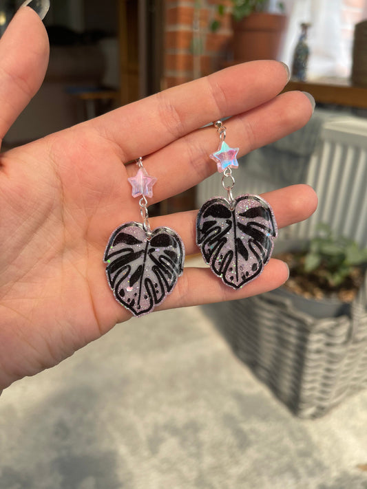 Pink and Lilac Monstera Cheese Plant Leaf Star Bead Earrings