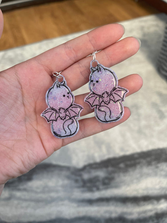 Pink and Lilac Bat Back Cats Earrings