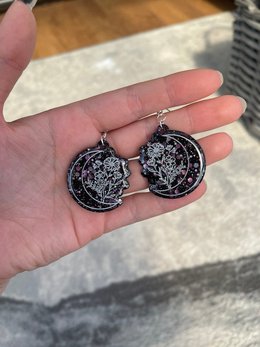 Black Glitter Wildflower Moon Earrings