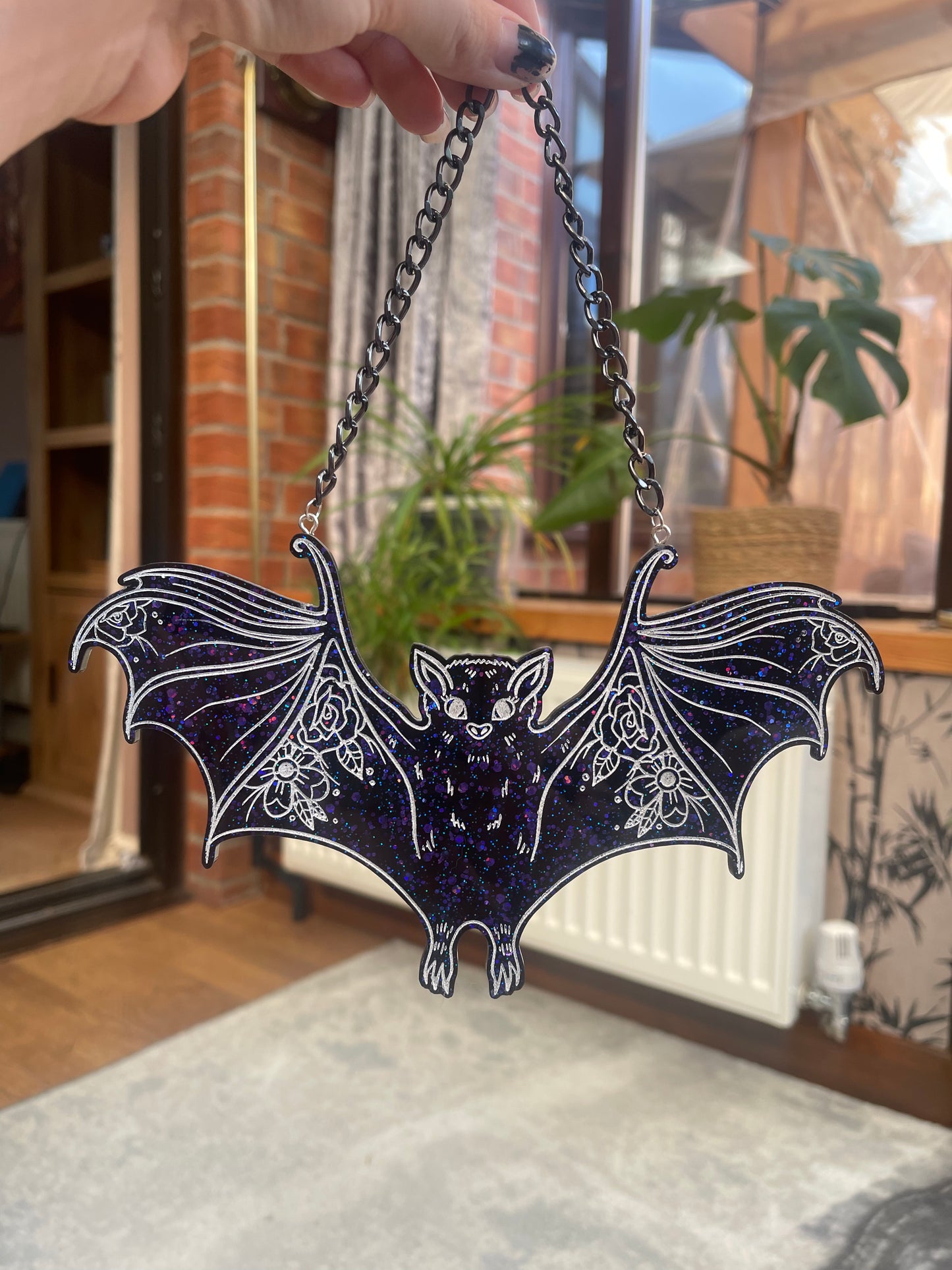 Black and Purple Floral Bat Wall Hanging