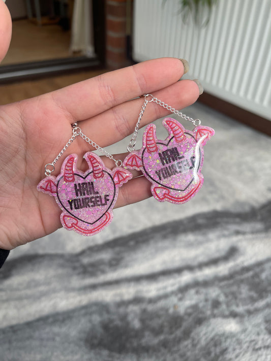 Pink and Red Hail Yourself Devil Heart Earrings