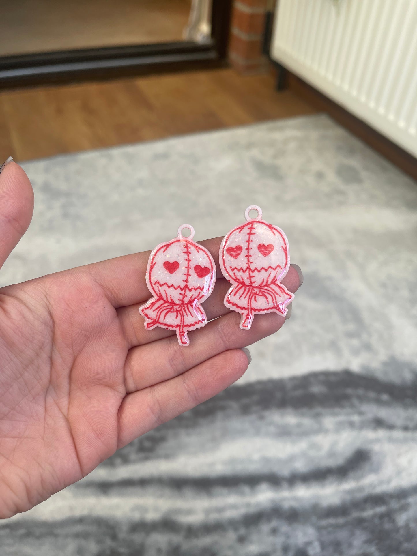 White and Red Heart Eye Sack Man Earrings