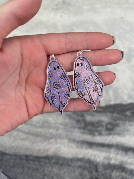 Pink Holographic Sakura Ghost Earrings