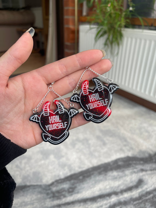 Red and Black Hail Yourself Devil Heart Earrings