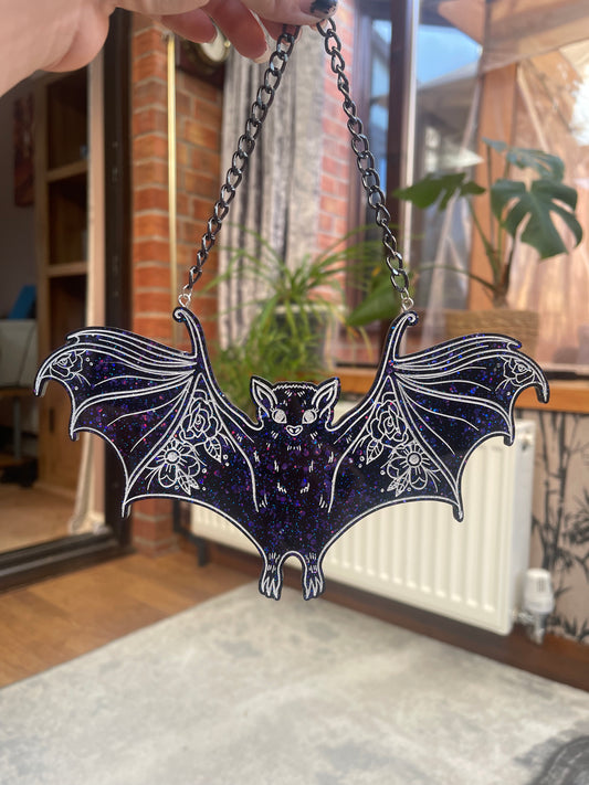 Black and Purple Floral Bat Wall Hanging