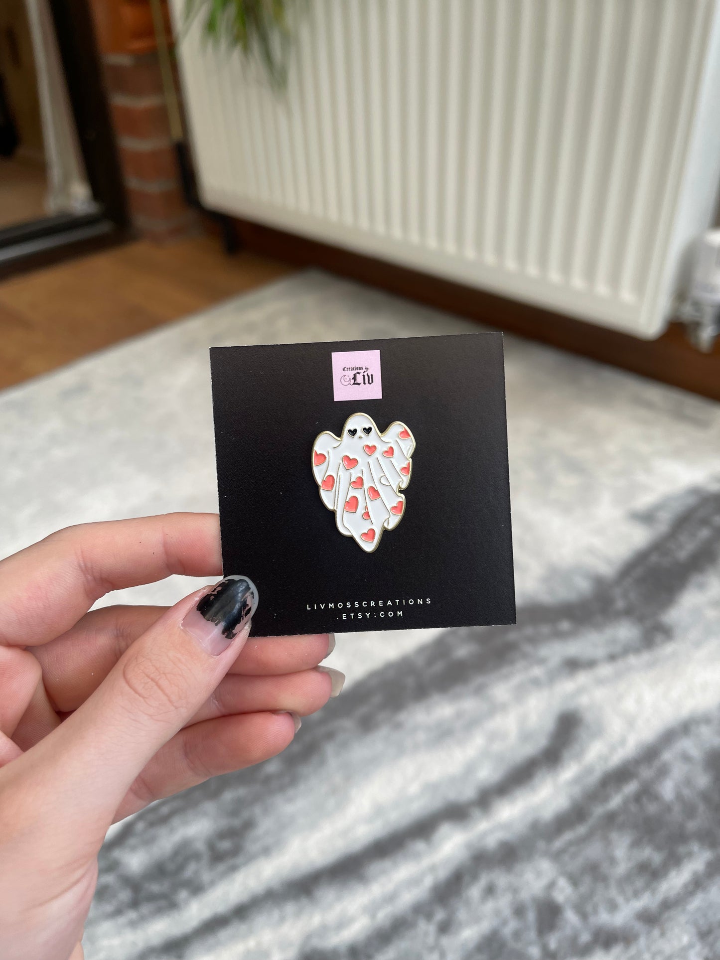 Heart Patterned Ghost Enamel Pin