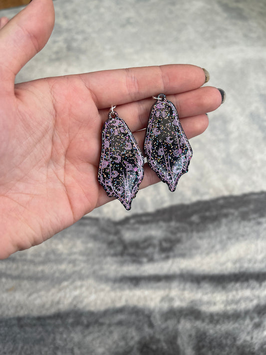 Black and Pink Glitter Moon Ghost Earrings